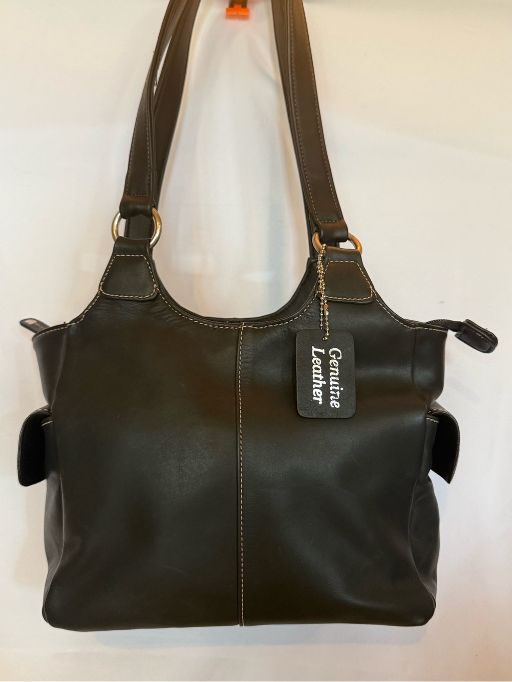 Genuine Leather Y2K Women's Black Handbag shoulder bag contrasting stitching